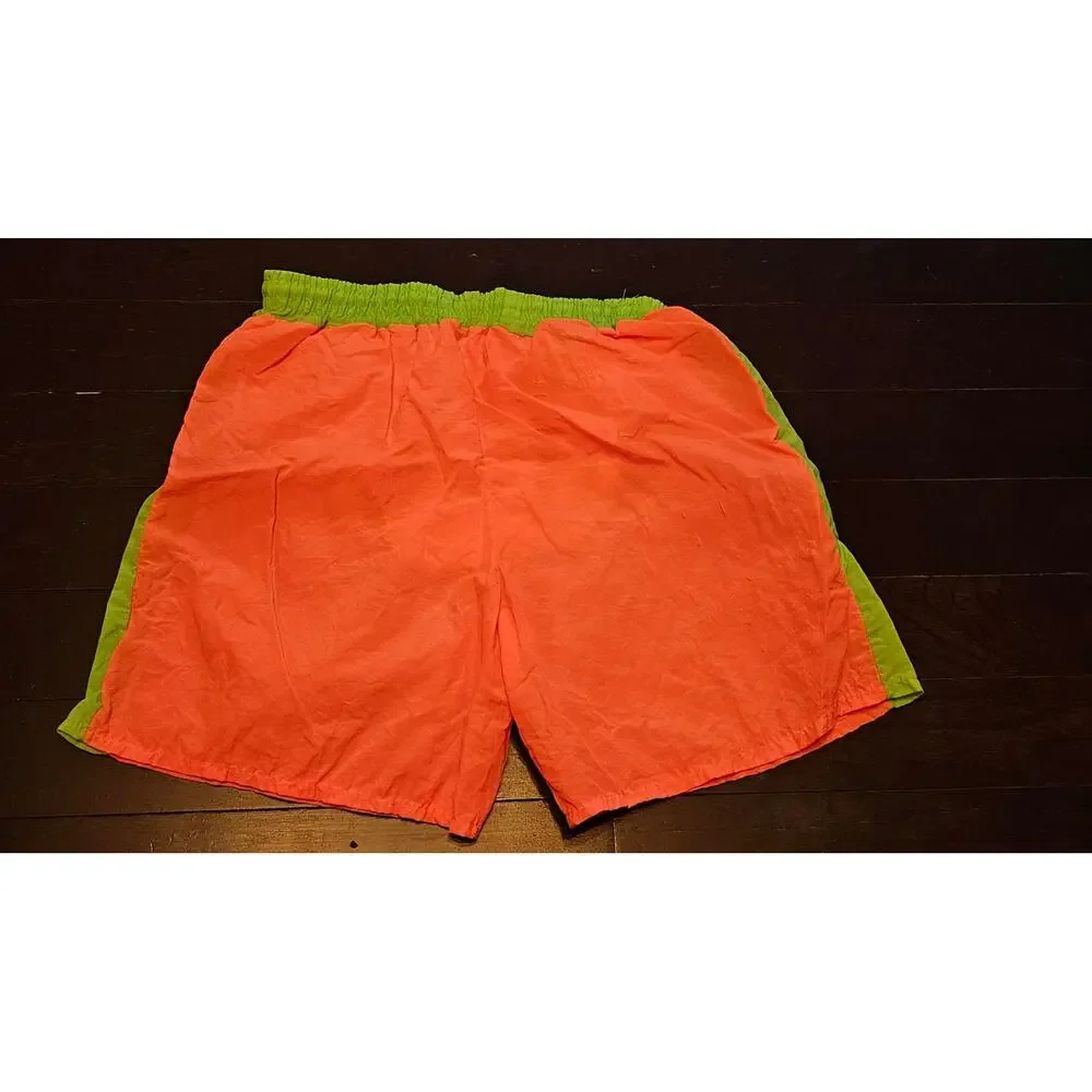 Vintage GrandPrix 90s Neon Orange Green Colorblock Nylon Shorts Lined Size M